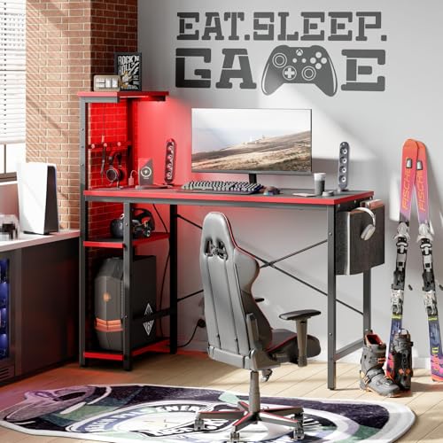 Bestier Gaming Desk with Power Outlets, 44 Inch Led Gamer Desk with 4 Tiers Reversible Shelves, PC Gaming Table with Headset Hook & Side Storage Bag for Bedroom (Black 3D Carbon Fiber) - Thumbnail 7