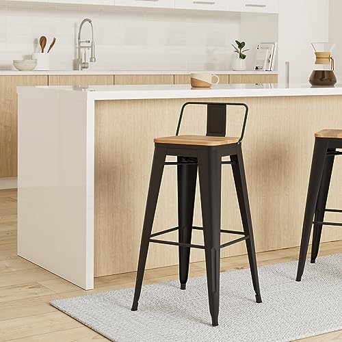 Set of 4 Matt Black Metal Industrial Style Bar Stools with Light Wood Backrest and Seat - Height 66cm