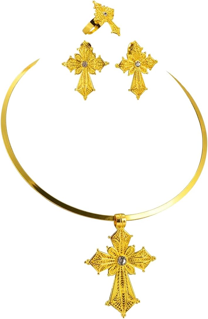 Ethiopian Jewelry for Women Set - Ethiopian Jewelry - Ethiopian Cross - Ethiopian Jewelry Sets Choker Collar Necklace Earrings Rings African Eritrean Accessories Engagement Wedding