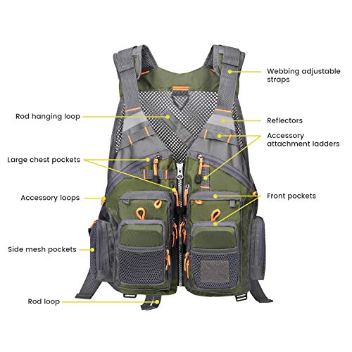 Gonex Angel Weste Herren verstellbare Arbeitsweste mit Mehreren Taschen für Angeln Fliegenfischen Outdoor Airsoft Jagd Angelausrüstung, Armee Grün Grau