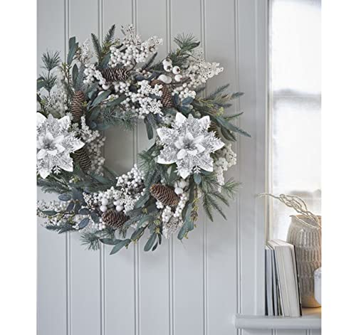 Houísm 20Pcs Christmas Poinsettia Artificial Flowers Decorations, Christmas Tree Wreaths Garland Decoration Glitter Flowers Picks Decor With Stems And Clips For New Year Wedding Party Ornaments White #TOP3