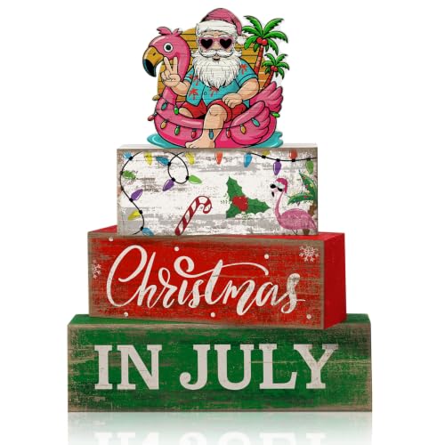 Lineshading 4 Pcs Summer Christmas in July Wooden Table Decoration Tropical Christmas Tiered Tray Decor Santa Claus Flamingo Beach Party Supplies Xmas Table Centerpiece Sets for Shelf Home Office