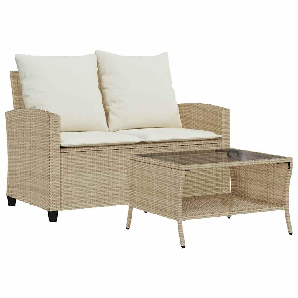vidaXL Divano Giardino 2 Posti con Cuscini e Tavolo Beige Polyrattan, Divano da Esterno, divanetto da Giardino, Divano da Giardino a Due posti