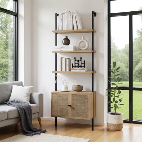 Rattan 6-Tier Ladder Bookshelf with Cabinet