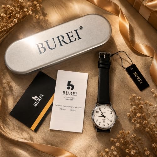 Image of BUREI Men's Fashion Minimalist Wrist Watch Analog Date with Leather Strap
