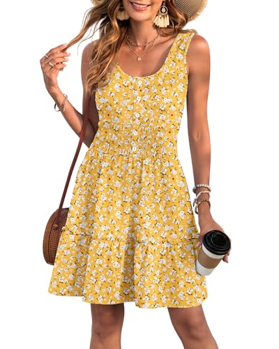 Image of AUSELILY Women Summer Dress Sleeveless Tank Button Down Dresses | Tank button down dress, Empire waist smocked, Casual beach vacation summer dresses with pockets