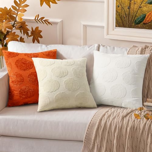 Image of decorUhome Decorative Rust Pumpkin Thanksgiving Throw Pillow Covers 18x18 Set of 2, Soft Chenille Jacquard Farmhouse Textured Pillow Covers for Couch Bed Sofa Autumn Harvest Halloween Holiday