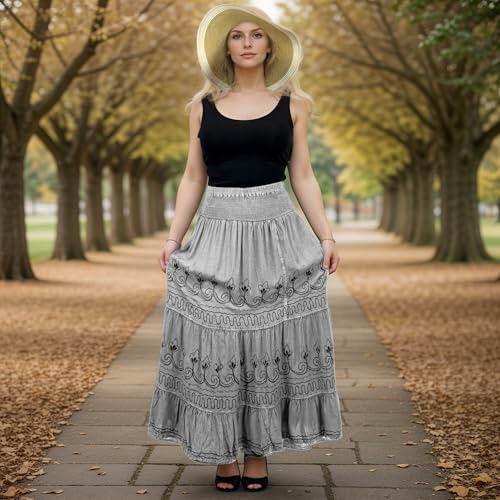 Agan Traders Women's 2025 Summer Peasant High Elastic Waistband Flared Gypsy Long Embroidered Maxi Skirt4