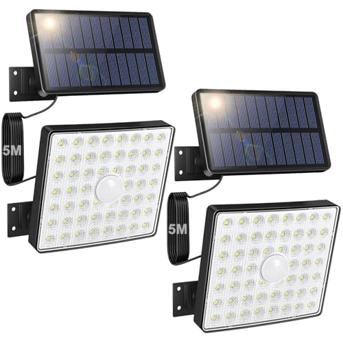 Moman Faretti Solari A Led Da Esterno, 2 Pezzi Lampada Solare Con Sensore Di Movimento 54 LED/4 Modes IP65 Impermeabile 5M Cavo Faro Led Esterno Con Pannello Solare, Faretto-Solare-Luce-Esterno-Faro
