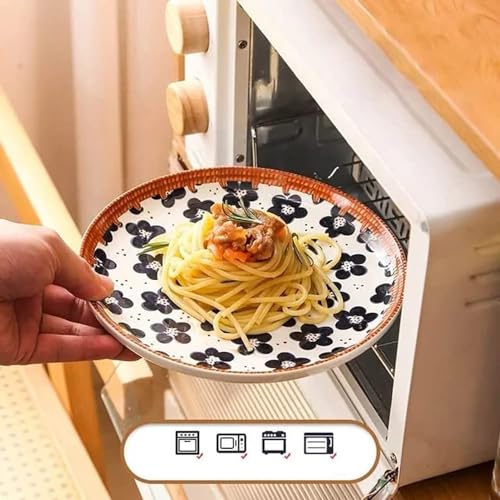 Image of YELONA Japanese Style Ceramic Dinnerware Set of 6 (4 Bowls + 2 Plates) | 11.5cm 300ml Bowls & 20.5cm Floral Design Plates | Microwave Safe & Dishwasher Safe | Rustic Modern Kitchen Crockery