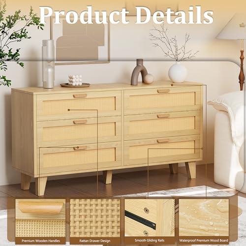 Rattan 6 Drawer Dresser for Bedroom, Boho Wooden Chests of Drawers, Modern Double with Spacious Storage for Closet, Living Room and Entryway, Natural - Image 7