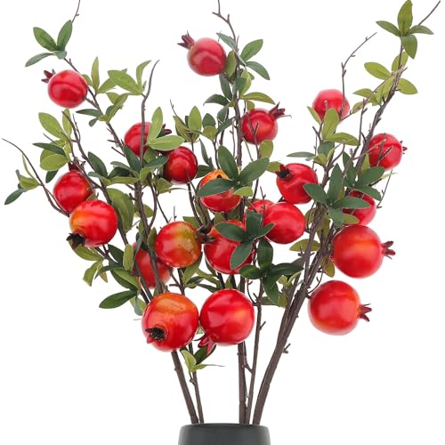 Woration 3PCS Artificial Pomegranate Tree Branches 37.4 inch Fake Vivid Fruit Pomegranate Berries...
