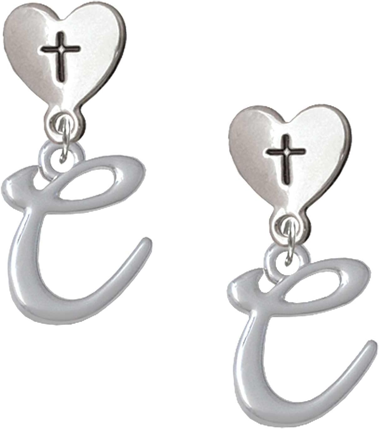 Delight Jewelry Silvertone Small Gelato Script Initial - Cross in Heart Post Dangle Earrings