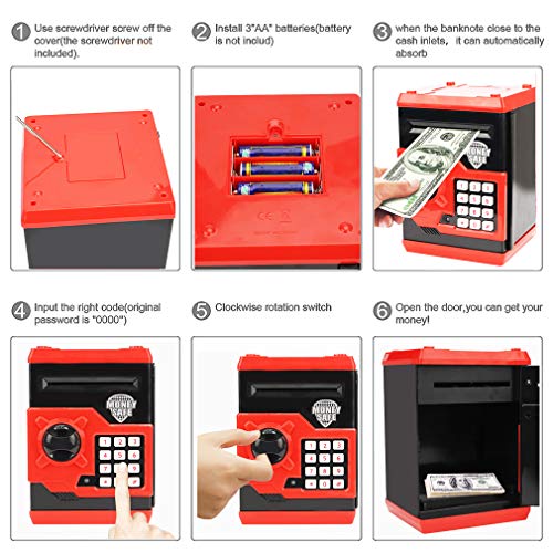 Setibre Piggy Bank, Electronic ATM Password Cash Coin Can Auto Scroll Paper Money Saving Box Toy Gift for Kids (Red) - Thumbnail 6