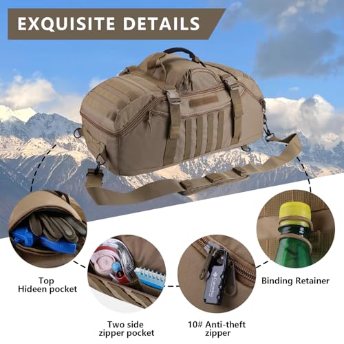 Image of Hannibal Tactical 55L Large Duffle Bag, 3-in-1 Tactical Backpack MOLLE Pack for Gym, Sports, Outdoor, Coyote