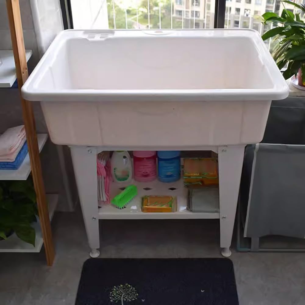 Fregadero De Plástico PP con Tabla De Lavandería, Fregadero Independiente Lavabo De Limpieza con Pies Ajustables, Capacidad De Carga 200 Kg para Cuarto De Lavado, Garaje