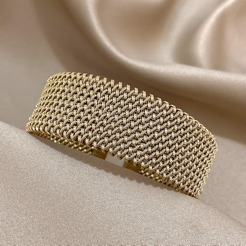 hotoo Gold Open Cuff Bangles Wide Woven Bracelets For Women Stainless Steel Stackable Jewelry For Xmas Birthday Gifts3