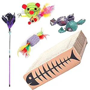 Emily Pets Cat Scratcher Cardboard Combo Colorful Mice, Cat Sticks,Cat Fether Toy Interactive Toy for Cats & Kittens. (Pack of 5,Color May Vary)
