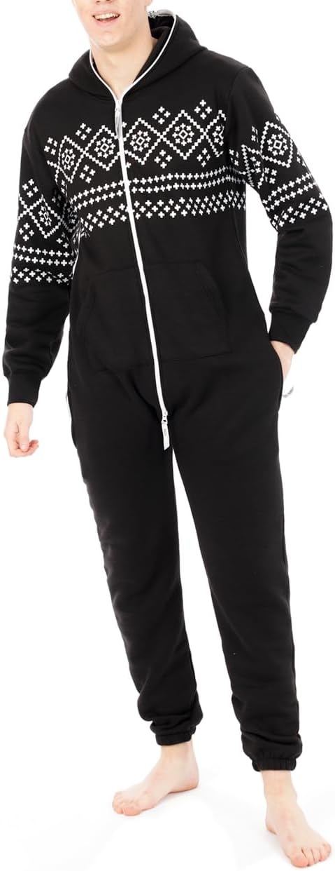Juicy Trendz Adult Hooded Fleece Onesie Pajamas, Non-Footed One Piece Zip-Up Aztec Printed Jumpsuit Sleepwear for Men & Women