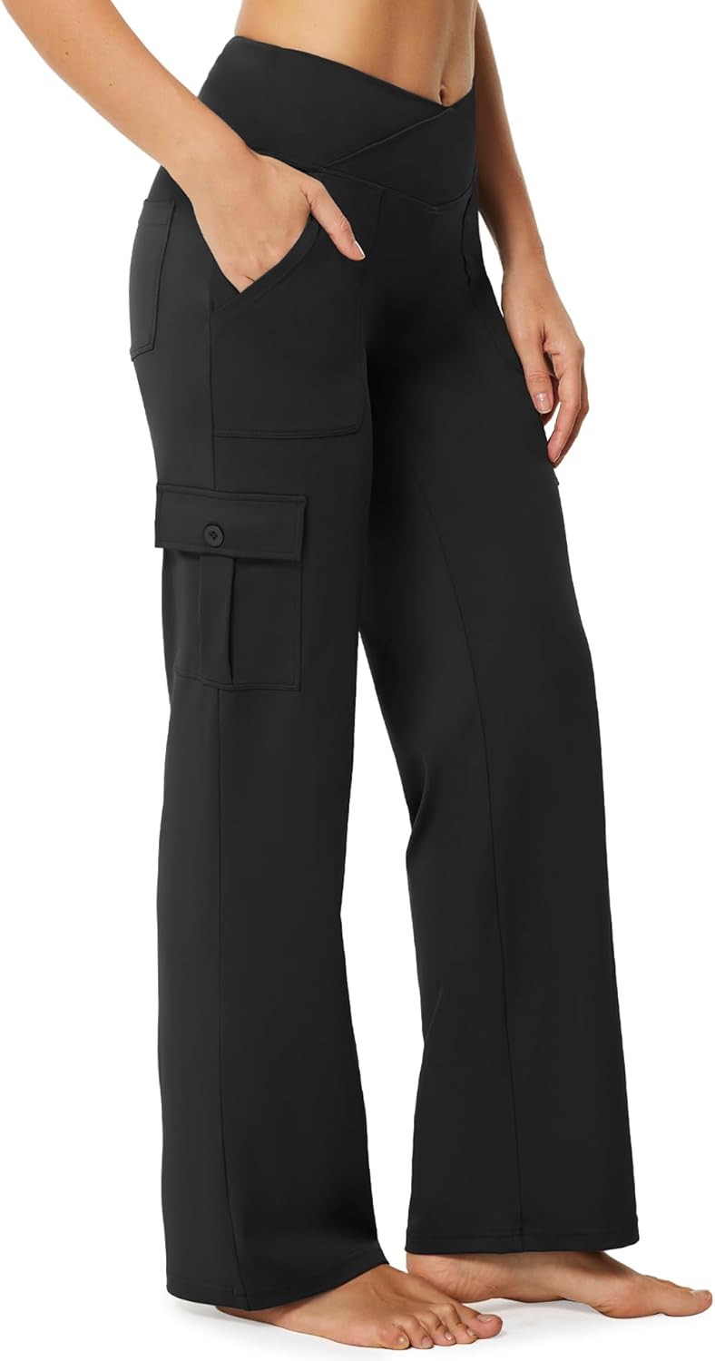 Casei Yoga Pants with Pockets for Women Wide Leg Cargo Pants High Waist Crossover Stretch Work Travel Casual Sweatpants