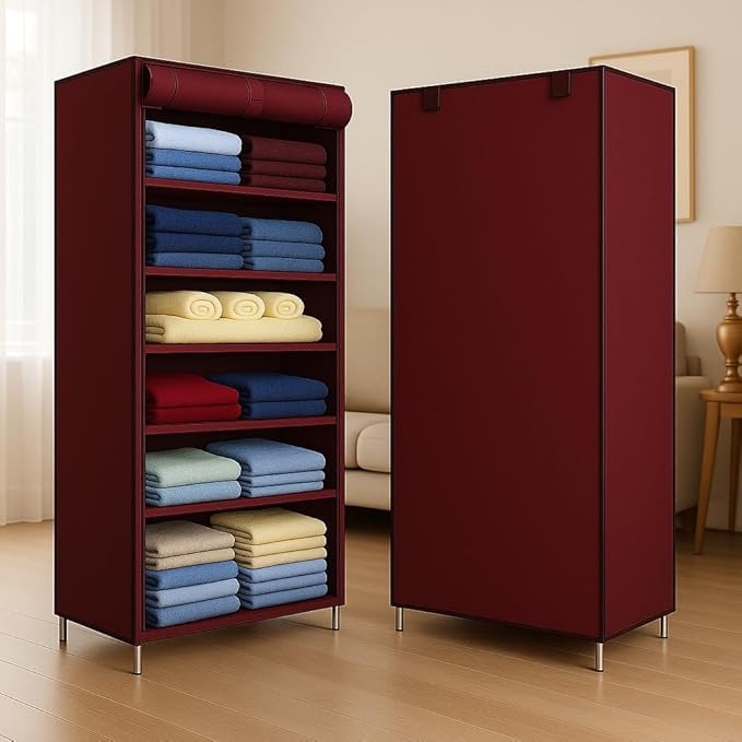 ClearSpace Multipurpose Baby Wardrobe/Cabinet/Multipurpose Storage Rack, Foldable, Collapsible Fabric Wardrobe Organizer for Clothes (Plastic and Non Woven Fabric) (Maroon, 6 - Layer)
