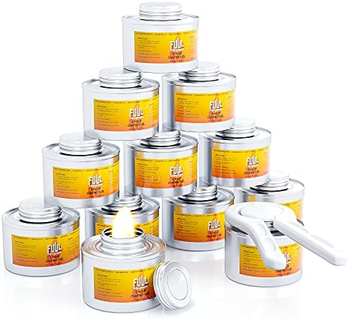 FUUL – Chafing Fuel Dish Burner Cans - 12 Pack - Chafing Dish Fuel Cans Burners To Keep Food Warm with 6-Hours Burning Capacity - Cooking Fuel For Chafing Dishes - 1 Opener Included for Opening Seal