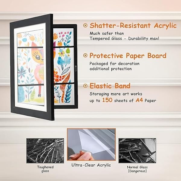 cratth [4-Pack] Kids Artwork Frames Changeable, 11.8 x 8.3-IN, Front Opening Picture Frames, Home Decor, Up to 150 Pcs of Kids Art Frame, Craft Storage, Hanging Wall Decor, Art Display for Kids Artwork, for 3D Pictures, Crafts, Children Drawing, Hanging Art, Portfolio, Black by cratth - Image 5