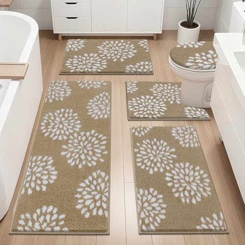 HEBE Bathroom Rugs Set 5 Piece, Non Slip Washable Absorbent Bath Mat Set | Soft Microfiber Bathroom Mat with Runner Set, Plush Bath Rug with U-Shaped Contour Toilet Mat Set for Tub, Shower,