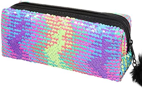 PHOGARY Glitter Cosmetic Bag Mermaid Spiral Reversible Sequins Portable Double Color Brush Pencil Case for Girls Make Up Pouch with Pompon Zip Closure (Colorful)