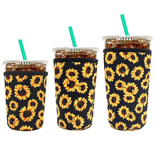 Image of YR Reusable Neoprene Insulator Sleeve for Iced Coffee Cups, 3 Pack Coffee Coolies sleeves for Iced & Hot Drinks, Cold Beverage Cooler Compatible with Starbucks Coffee and More (Sunflower)