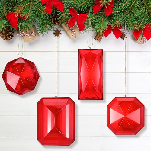 Vercraft 4 Pack Jewel Christmas Ornaments 3.9"- 6.2" Xmas Tree Hanging Ornaments Acrylic Rectangle Jewel Hanging Decors Glitter Xmas Rectangle Gemstones for Xmas Wedding Holiday Party Decor(Red)
