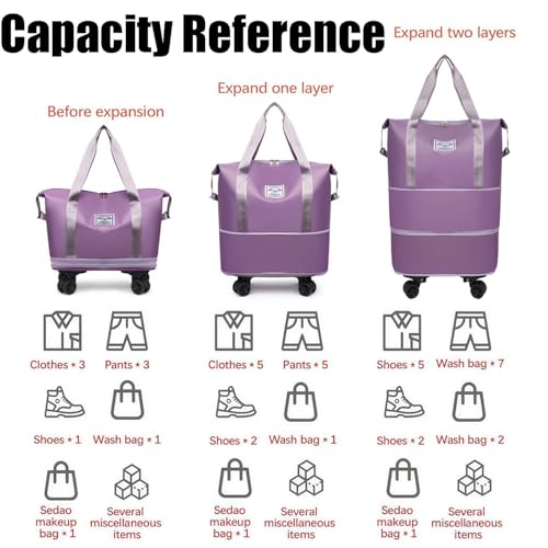 Beente Travel Bag with Wheels, Large Capacity Travel Bag, Universal Wheel Removable, Expandable Foldable Duffle Bag, Rolling with Wheels (Pink)3