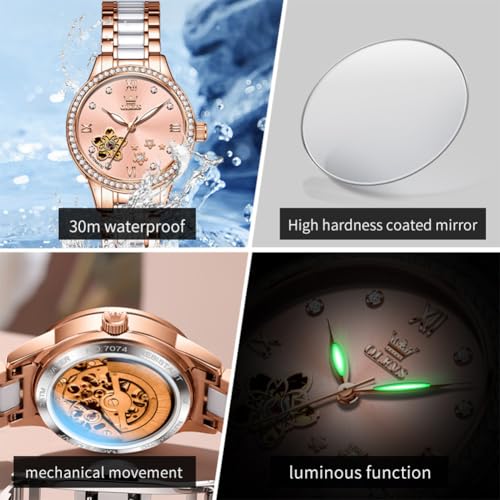 Image of OLEVS Womens Watches Automatic Luxury Dress Ladies Watch Ceramic Strap Rose Gold Self Winding Female Wrist Watch