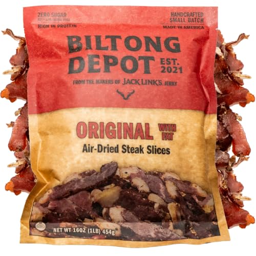 Biltong Depot Traditional Beef Biltong Slices with Fat – 1lb (16oz) | Air-Dried Beef Jerky Snack | High Protein | Sugar Free | Keto & Paleo Friendly | Gluten Free | No Preservatives | No MSG