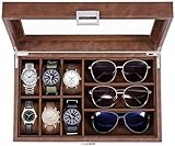 BEWISHOME Watch Box 6-Slot Watch Case and 3-Slots Sunglasses Box for Men, Sunglasses Storage with Large Glass Lid, Jewelry Box for Men Women Brown SSH18Z