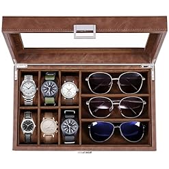 BEWISHOME Uhrenbox, Sonnenbrillen-Organizer mit Echtglas-Oberseite, 6 Uhrenetuis und 3 Schlitzen, Sonnenbrillen-Box für Herren, Kunstleder, Echtglasplatte, Braun SSH18Z
