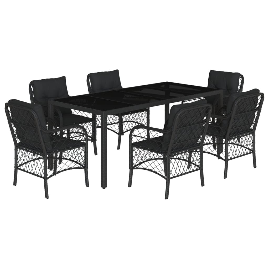 7-częściowy zestaw ogrodowy do jadalni z czarnego polirattanu, odporny na promieniowanie UV, 190 x 90 cm, stół ze szklanym blatem, na taras, balkon, na zewnątrz