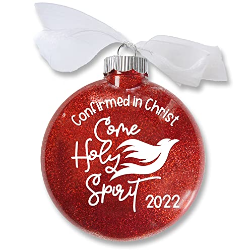 Confirmation Christmas Ornament 2022, Come Holy Spirit, Catholic Sacrament Dated Keepsake, Handmade Red Glitter Bauble With White Organza Ribbon Bow (2022) #TOP8