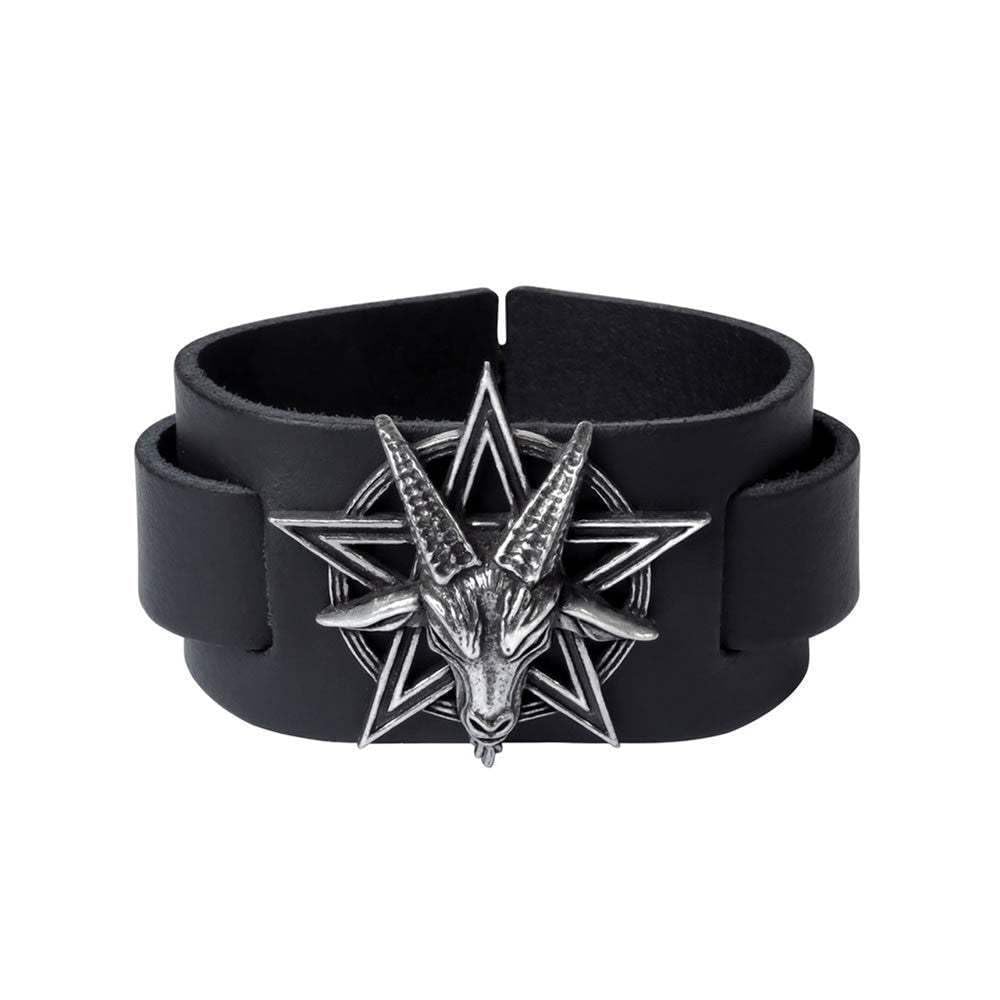 Alchemy Gothic Baphomet Hombre Pulsera de Cuero Negro Piel