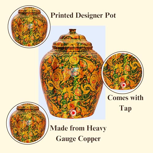 Image of Indian Art Villa Printed Design Copper Water Carafes Storage, 13 LTR, Green