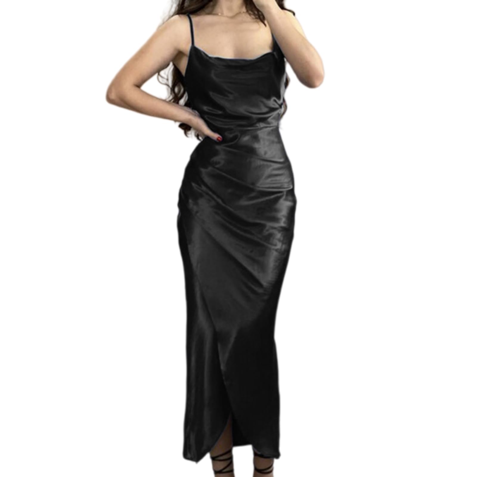 Robe Femme Femmes Satin Cowl Col Midi Ruched Spaghetti Strap De Fête, Side Split Taille Bodycon Robe-Pink-XL
