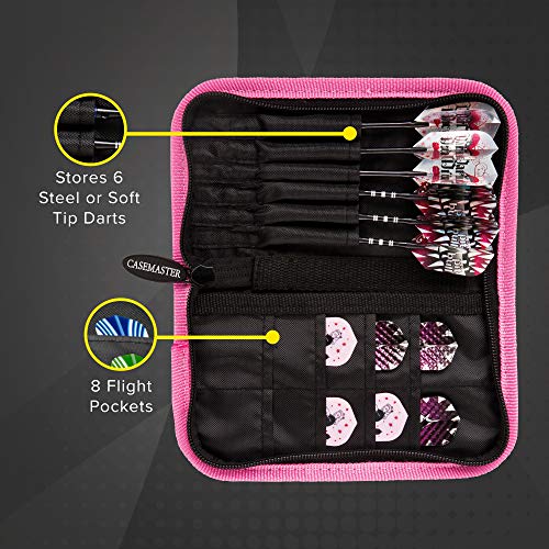Casemaster Deluxe Nylon Dart Case For Steel And Soft Tip Darts, Holds 6 Darts And Features 8 Pockets For Accessories Like Flights, Shafts And Tips, Pink #TOP1