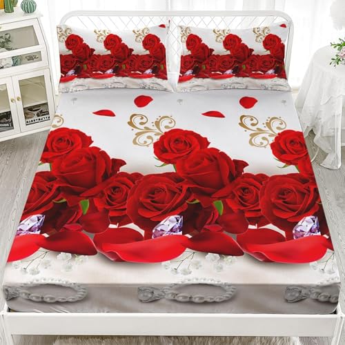 TACOKI Sabanas Bajeras 150x190 Rosa Roja Sábanas Bajeras Flores Romanticas Ajustable Suave y Cómoda Sabana Bolsillo Profundo 30 cm, para Grueso Colchón, Sabanas Cama 150 d2055
