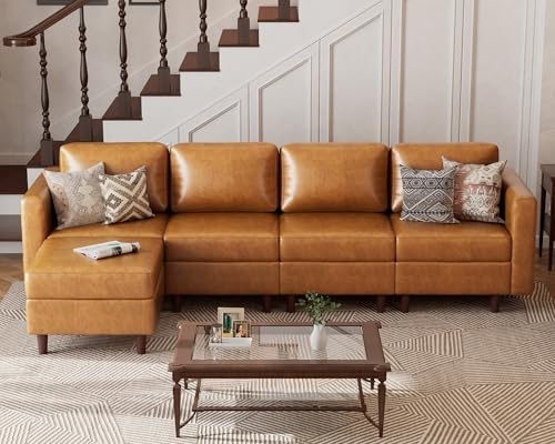 Image of ABCASA 118.5 inch Faux Leather Modular Sectional Sofa, L Shaped Couch Set for Living Room, 5-Seater Comfy Cloud Couches with Movable Storage Ottoman Brown