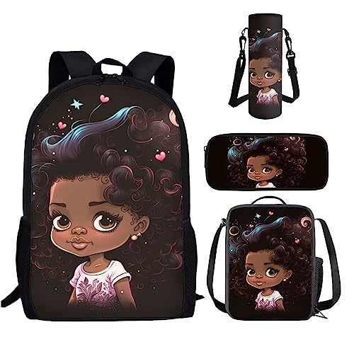 ZOUTAIRONG Cute Black Girl Backpack for Girls Age 6-8 Elementary School Bags with Lunch Box African Girl Bookbag Age 8-9/10-11/12-14 Afro Kids Pencil Case Water Bottle Holder