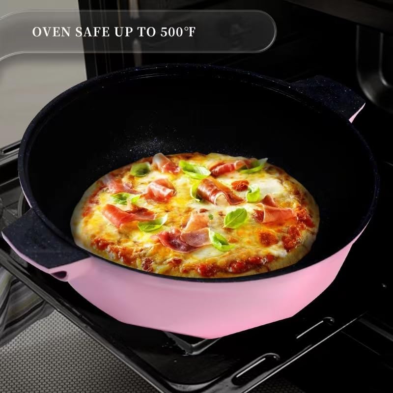 TIBORANG 8 in 1 Multipurpose 11 Inch 5 Quart Heat Indicator Nonstick Deep Frying Pan with Glass Lid, Stay-cool Handle, Steamed Grid, PFOA-Free,Dishwasher and Oven Safe,Works with All Stovetops (Pink) - Image 6