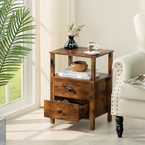 Lerliuo Night Stand, Small Nightstand with 2 Wood Drawers and Storage Shelf, Rustic Bedside Table with Wooden Frame, Vintage Brown Couch Bed Side Table for Small Spaces, Retro Nightstands for Bedroom