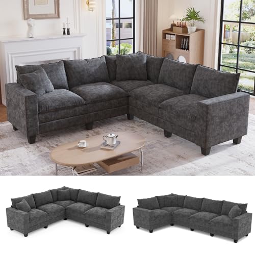 Image of 97 inch L Shaped Sectional Couch, Comfy Chenille Cloud Couch, 5 Seat Modular Cloud Sofa with 2 Pillows & Storage Armrests, Convertible V Shaped Corner Couch, Sectional Couches for Living Room, Grey