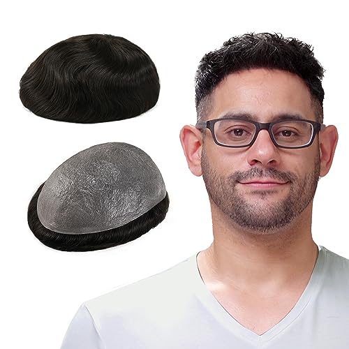 Lordhair Toupet Echthaar Männer,Perücke Männer,0,03 mm Dünne Leder Basis 20 * 25 CM Leichtes Haarersatzsystem Mittlerer Dichte,Toupet Natürlich eng anliegend, Elegant und Schön