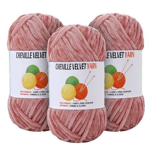 Image of 3 * 100g Velvet Chenille Chunky Yarn for Crocheting, Handcrafts Weaving Soft Chenille Yarn for Crocheting Clearance, Used for Making Baby Yarns Blanket, Clothes, Knitting Creations (Peach)